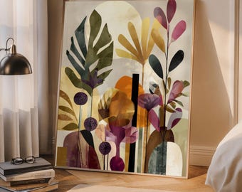 Modern botanisk väggkonsttryck, bohemisk neutral inredning,