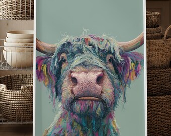Colourful Highland Cow Print | Bold Farm Animal Wall Art | Rustic Farmhouse Cow Poster
