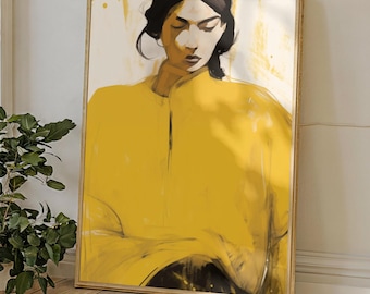 Senapsgult porträtttryck | Modern feminin väggposter | Minimalistisk kvinnaillustration