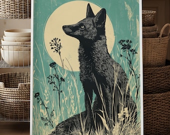 Fox Silhouette Print | Linocut Style Wildlife Art | Woodland Nature Illustration