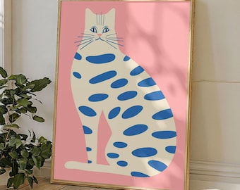 Konsttryck med blåprickig katt | Rosa minimalistisk dekor (digital nedladdning)
