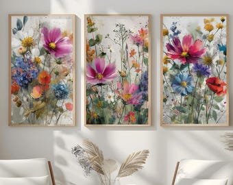 Väggkonsttryck med vilda blommor (set om 3): Akvarell botaniska illustrationer