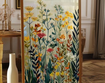 Väggkonstposter med botaniska vilda blommor | Färgglad illustration med blomsteräng | Modern Cottagecore-inredning