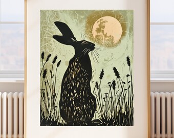 Hare Silhouette Print | Linocut Style Wildlife Art | Woodland Nature Illustration