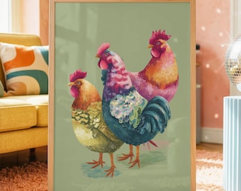 Colourful Vintage Rooster Illustration Print | Rustic Farmhouse Chicken Art | Bright Country Kitchen Wall Decor