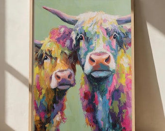 Colourful Highland Cow Print | Bold Farm Animal Wall Art | Rustic Farmhouse Cow Poster