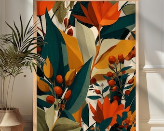Höstlig botanisk väggkonsttavla – Djärv blommig illustration i varma orangea och gröna toner