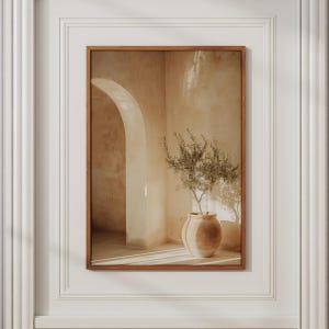 Può includere: Una stampa artistica incorniciata che mostra una scena d'interni beige con un arco in pietra e un ulivo in un vaso di terracotta rotondo. La composizione presenta toni caldi e neutri con una luce solare soffusa che crea ombre.