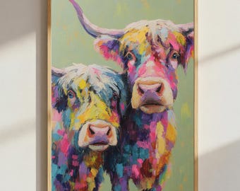 Colourful Highland Cow Print | Bold Farm Animal Wall Art | Rustic Farmhouse Cow Poster