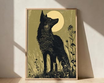 Fox Silhouette Print | Linocut Style Wildlife Art | Woodland Nature Illustration