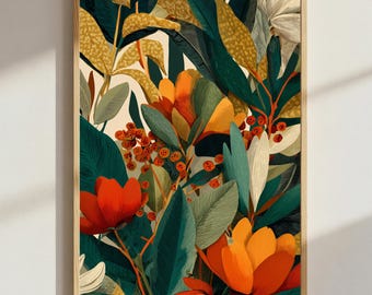 Autumn Botanical Wall Art Print – Bold Floral Illustration in Warm Orange & Green Tones