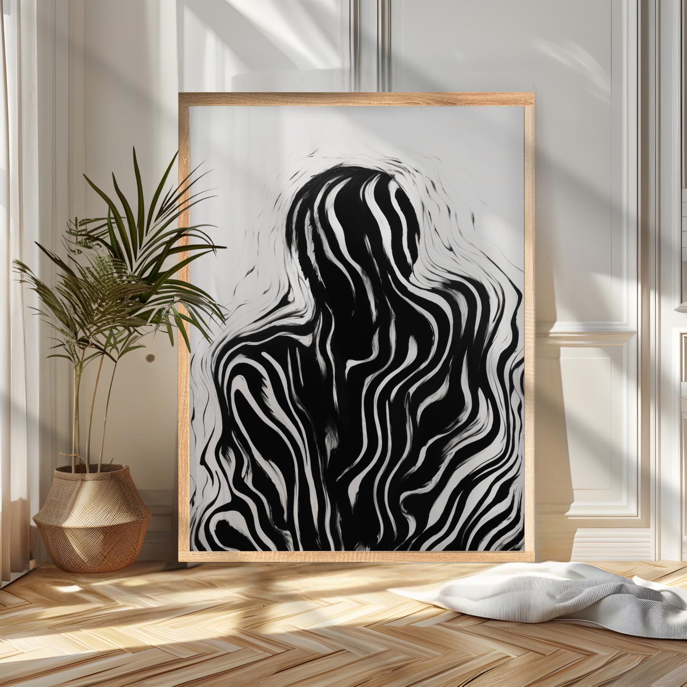 Abstract Black and White Art Poster | Modern Wavy Wall Print