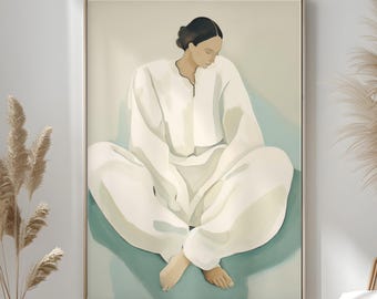 Neutral feminin konsttryck | Illustration av lugnt sittande kvinna | Minimalistisk modern väggkonst