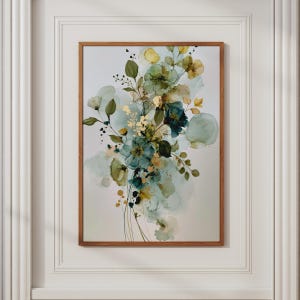 Blumenstrauß-Druck in Türkis und Gold, botanische Wandkunst im Tuschestil