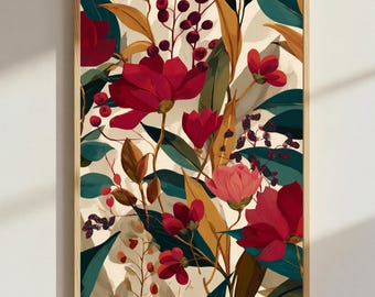 Autumn Botanical Wall Art Print – Bold Floral Illustration in Deep Red & Green Tones
