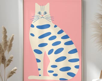 Blåprickig kattkonsttryck | Rosa minimalistisk poster