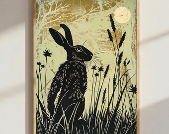 Hare Silhouette Print | Linocut Style Wildlife Art | Woodland Nature Illustration