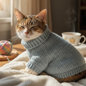 May include: A tabby cat wearing a light blue knitted sweater with white cuffs. The cat is sitting on a white blanket, with a cup of coffee and a ball of yarn in the background. The cat has its eyes closed.