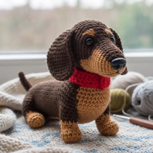 May include: A crocheted dachshund dog with brown and tan fur, wearing a red collar. The handmade stuffed animal has black eyes and is sitting on a patterned blanket. The dog is a charming example of a handcrafted item.