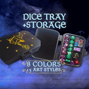 May include: A black plastic dice tray and storage case with a yellow wizard hat and staff graphic on the lid. The open case reveals compartments containing purple, green, and multi-colored polyhedral dice. Text reads DICE TRAY + STORAGE, 8 COLORS, 15 ART STYLES.
