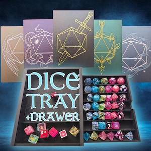 May include: A black dice tray and drawer with the words "DICE TRAY + DRAWER" in light blue. The tray holds a variety of colorful polyhedral dice. Behind the tray are five cards with geometric designs and illustrations.