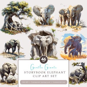 Elephant Clip Art PNG Set Cute Baby and Adult Elephants in Storybook Style Cute Animal Clipart Safari Animal Illustrations 46 Images