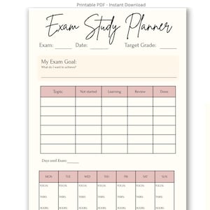 Peut inclure: Un document planificateur d'études imprimable sur fond crème avec du texte noir et des accents rose pâle. Il comprend des sections pour les détails de l'examen, un objectif, un tableau de suivi, un planning hebdomadaire et le texte Stay Organized & Productive.