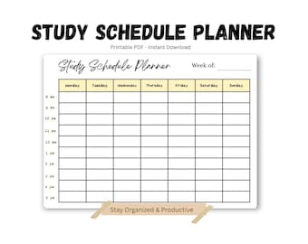 May include: A study schedule planner printable PDF featuring a weekly grid with columns for Monday through Sunday and rows for hours from 8 am to 5 pm. The header reads Study Schedule Planner and Week of. A tan banner at the bottom says Stay Organized & Productive.