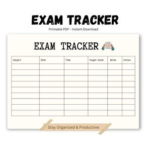 Könnte beinhalten: Ein druckbarer PDF-Examenstracker mit dem Titel "EXAM TRACKER" in fetten schwarzen Buchstaben. Der Tracker enthält Abschnitte für Fach, Datum, Uhrzeit, Zielnote, Notizen und Status. Der Text "Stay Organized & Productive" steht unten.