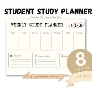 Könnte beinhalten: Ein druckbarer Studentenstudienplaner mit dem Text "Student Study Planner" und "Weekly Study Planner". Der Planer enthält Abschnitte für jeden Wochentag, Lernziele und vorrangige Aufgaben. Das Datum "03/08" ist rot umkreist. Enthält 8 Seiten.