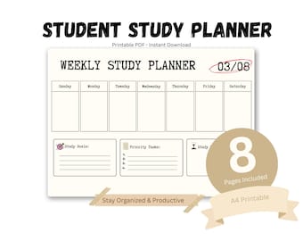 Student Study Planner Printable PDF | Weekly & Daily Study Planner | Exam Tracker | Assignment Tracker | A4 Digital Download