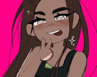 May include: Digital illustration of a person with brown hair and skin, wearing a black top, against a bright pink background. The person is making a peace sign with their fingers and has a playful expression.