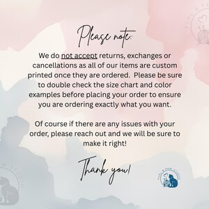 May include: A pastel-colored graphic with the text "Please note: We do not accept returns, exchanges or cancellations..." and "Thank you!" in a handwritten font. The image includes a logo with a cat and yarn.