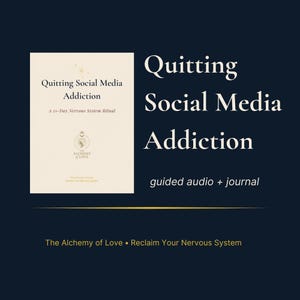 May include: A book titled "Quitting Social Media Addiction" with the subtitle "A 21-Day Nervous System Ritual." The cover features the book title and a logo. The text "guided audio + journal" is also present.