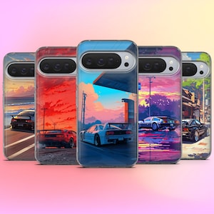 May include: A collection of phone cases featuring stylized illustrations of classic sports cars. Each case showcases a different car against a vibrant, colorful backdrop of sunsets and cityscapes. The cases are designed to fit a specific phone model.