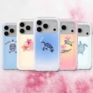 May include: Five clear phone cases with different designs. The designs include a blue turtle, pink flowers, a blue turtle with bubbles, turtles with pink flowers, and a blue turtle design. The cases have a clear border and a light-colored background.
