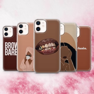 May include: A collection of five phone cases with unique designs. The cases feature illustrations of lips with gold teeth, a woman in a robe, and text that reads "BROW BARB" and "elanin."