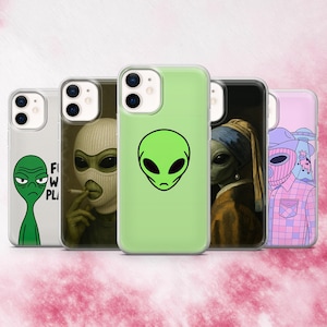 Alien Phone Case Funny Alien Meme Cover for iPhone 17, 16, 15, 14, 13, 12 Samsung S25, S24, A56, A16 Pixel 10Pro XL, 9Pro, 8A 7A