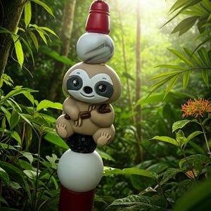 May include: A whimsical, stacked sculpture featuring a sloth figurine atop a series of colorful spheres. The sloth is light brown with large eyes and a smiling expression. The sculpture is set against a lush green jungle backdrop.