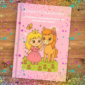 Puede incluir: Un libro para colorear rosa titulado "Kleine Prinzessinnen" con una princesa de dibujos animados y un pony. El texto de la portada dice "ein fröhliches Ausmalbuch für kleine Künstler ab 3 Jahren". Decorado con estrellas y flores.