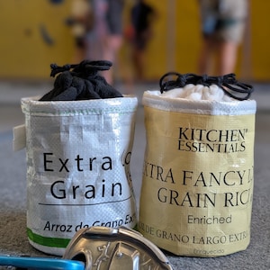 Rock Climbing Chalk Bag (Cylinder Shaped) – Handmade with Reclaimed Rice Sack, Rock Climbing Gear