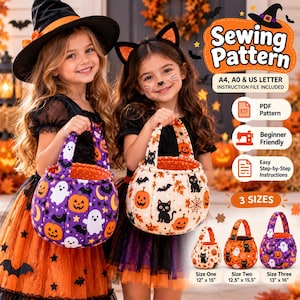 Può includere: Un cartamodello digitale per tre misure di cestini di Halloween con zucche, fantasmi, pipistrelli e gatti. Il testo recita Sewing Pattern, A4, A0 & US Letter, PDF Pattern, Beginner Friendly, Easy Step-by-Step Instructions, 3 Sizes.