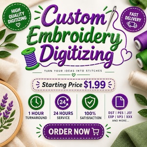 Może przedstawiać: Grafika promocyjna usług digitalizacji haftu z tekstem Custom Embroidery Digitizing oraz Turn Your Ideas Into Stitches. Zawiera ikony dotyczące czasu realizacji 1 godziny, serwisu 24h, satysfakcji oraz obsługiwanych formatów plików.
