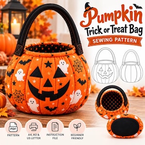 May include: A quilted orange pumpkin trick or treat bag with a black handle, featuring a black jack-o'-lantern face, white ghosts, black bats, and spiderwebs. The bag has a black interior with orange dots and a solid black oval base.