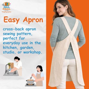 Könnte beinhalten: Eine beigefarbene Kreuz-Rücken-Schürze. Das Bild enthält den Text "Easy Apron" und "cross-back apron sewing pattern". Die Schürze wird von einer Person getragen, die ein langärmeliges Hemd und eine weiße Hose trägt. Der Hintergrund ist orange und weiß.