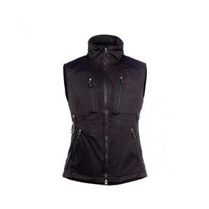 May include: Black vest with a high collar and multiple zippered pockets. The vest has a full-length zipper down the front and a slightly fitted waist. The material appears to be water-resistant.