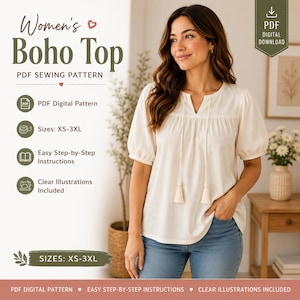 Puede incluir: Un patrón de costura digital en PDF para una blusa color crema con mangas cortas abullonadas, escote en pico y dos borlas colgantes. El texto incluye "Women's Boho Top", "PDF Sewing Pattern", "PDF Digital Pattern", "Sizes: XS-3XL" y "Easy Step-by-Step Instructions".