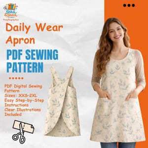 Puede incluir: Un delantal crema con un estampado de hojas, presentado como un patrón de costura PDF. El delantal tiene dos bolsillos delanteros y un diseño de espalda cruzada. La imagen incluye el texto "Daily Wear Apron PDF Sewing Pattern" y "Tallas: XXS-2XL".