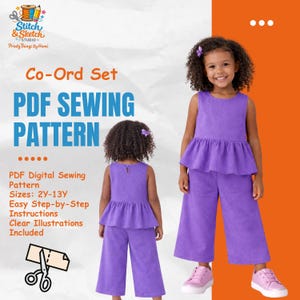 May include: A PDF sewing pattern for a Co-Ord set, featuring a purple top and wide-leg pants. The image shows two young girls wearing the outfit. The pattern includes sizes 2Y-13Y, easy instructions, and clear illustrations.