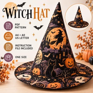 May include: A witch hat sewing pattern featuring a black and orange Halloween print with a witch on a broomstick, a black cat, pumpkins, and a haunted castle. The text includes WITCH HAT, PDF PATTERN, A4, A0, US LETTER, INSTRUCTION FILE INCLUDED, and ONE SIZE.